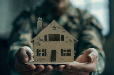 Soldier holding in his hands a model house made of carboard. 

