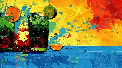 Wall Mural -   A painting depicting two glasses of soda, adorned with limes and an orange slice, set against a blue and yellow backdrop