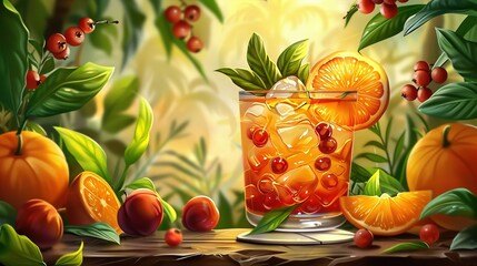 Wall Mural -   Oranges and cherries on a table with leaves and orange-colored surroundings