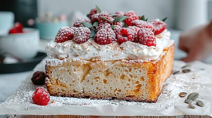 Wall Mural -   A macro shot of a scrumptious slice of cake adorned with delectable raspberries and a dusting of powdered sugar on the tabletop