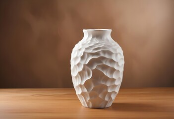 A white ceramic vase with a wavy, textured surface on a wooden surface against a blurred brown background