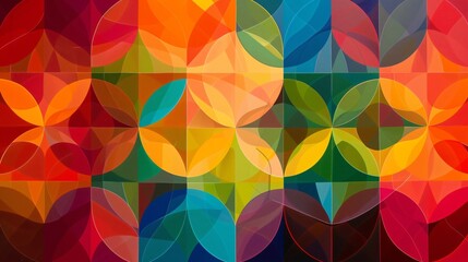 Wall Mural - A vibrant geometric pattern with overlapping circles and polygons in a rainbow of colors, creating a joyful and lively design