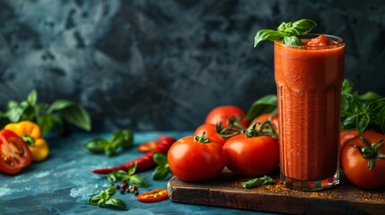 A vibrant tomato and red bell pepper smoothie in a tall glass, garnished with a basil leaf, set on a cutting board with fresh tomatoes and peppers around it