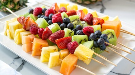 Wall Mural - An arrangement of colorful fruit skewers on a white platter, with pieces of pineapple, melon, grapes, and berries, ready to be served at a summer party