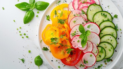 Wall Mural - An artistic arrangement of sliced vegetables on a white plate, featuring radishes, cucumbers, and bell peppers, creating a beautiful pattern
