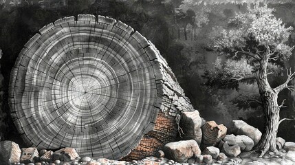 Poster -   A black-and-white depiction of a tree stump with a circular notch in its center, encircled by rocks and trees