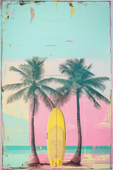 Wall Mural - Minimal summer pastel concept, soft colors of tropical background, pastel palm trees, palm leaf and 
 and and surfboards. Exotic summer beach concept. Generative AI.