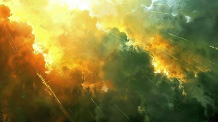 Wall Mural -   A depiction of vibrant yellow and green clouds, illuminated from above and below by a brilliant source of light