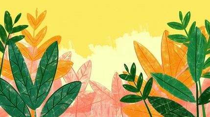 Wall Mural -   A vibrant painting showcases a cluster of leaves against a warm yellow-pink background, while the soft yellow sky adds depth to the scene in the background