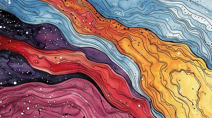 Wall Mural -   A painting of a multicolored wave of water with bubbles and purples on the bottom is a blue, yellow, red, orange, pink, purple, and white swirl