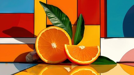 Wall Mural -   An orange split in two rests atop a table near a green leaf on top of a piece of fruit