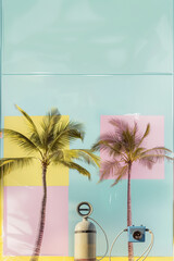 Wall Mural - Minimal summer pastel concept, soft colors of tropical background, pastel palm trees and palm leaf. Exotic summer beach concept. Generative AI.