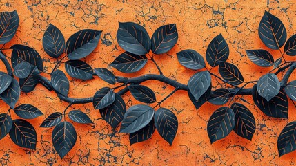 Wall Mural -   A close-up of a tree branch with leaves against an orange wall with cracks in the concrete background