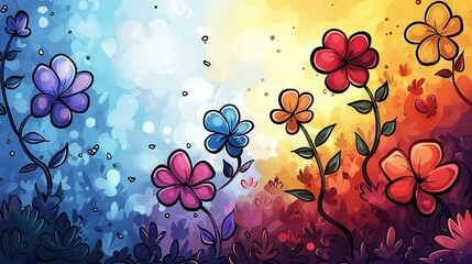 Wall Mural -  Vibrant flower painting on multicolored backdrop with water drops