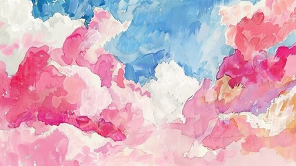 Wall Mural -   A painting of pink, blue, and white clouds against a blue sky with a prominent white cloud in the foreground