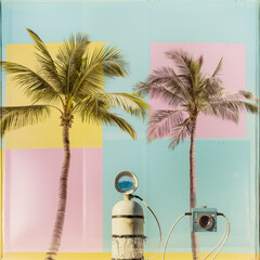 Wall Mural - Minimal summer pastel concept, soft colors of tropical background, pastel palm trees, palm leaf and 
 and diving equipment. Exotic summer beach concept. Generative AI.