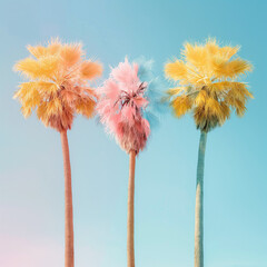 Wall Mural - Minimal summer pastel concept, soft colors of tropical background, pastel palm trees and palm leaf. Exotic summer beach concept. Generative AI.