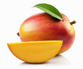 Wall Mural - A whole ripe mango with a sliced piece and a green leaf on a white background