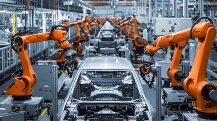 Poster - Robotic arms work together on an assembly line to build a car in a factory.