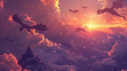 Animated Sky With Dragons And Mythical Creatures Soaring Among Clouds At Sunset