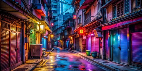 Naklejka na meble Vibrant neon signs illuminate deserted Asian alleyway shops, casting a colorful glow on crumbling facades, amidst an eerie sense of societal decay and urban neglect.