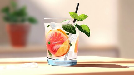 Wall Mural -   A close-up photo of a beverage in a clear cup resting on a wooden table against the backdrop of an emerald foliage potted plant