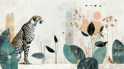 Wall Mural -   A cheetah standing on a ledge, surrounded by lush plants and chirping birds