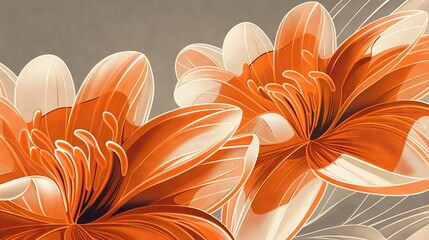 Wall Mural -   A painting featuring vibrant orange and white flowers set against a monochromatic gray backdrop, with an emphasis on the right-side white and orange bloom