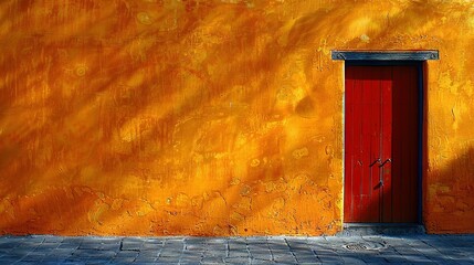 Sticker -   A crimson portal faces a sunny facade, casting a leafy shadow on the construction's flank