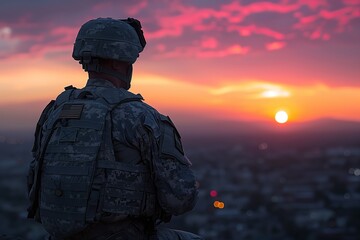 Poster - Soldier Watching Sunset Over Cityscape