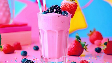 Wall Mural -   A tall glass of smoothie with strawberries and blueberries on a pink table, adorned with confetti and sprinkles