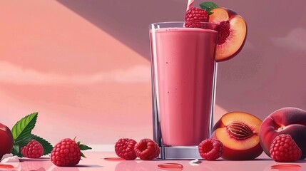 Wall Mural -   A depiction of a refreshing drink featuring raspberries and peaches
