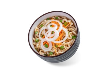 Canvas Print - Ramen noodles with carrots and onion slices in a bowl on a white isolated background