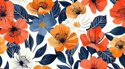 Sticker - Floral Pattern with Orange, Red and Blue Flowers