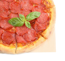 Wall Mural - Tasty pepperoni pizza with basil isolated on white, top view
