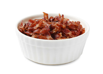 Sticker - Slices of tasty fried bacon in bowl isolated on white