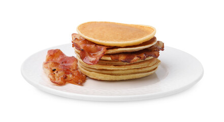 Wall Mural - Delicious pancakes with bacon isolated on white