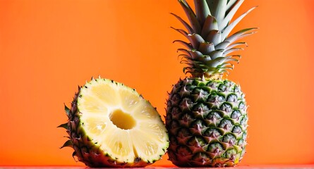 Wall Mural - Pineapple exotic fruit against orange color background.