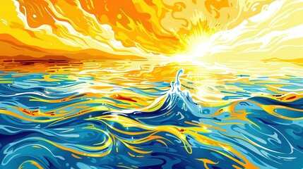 Wall Mural -   A sunset painting on water, with a prominent wave