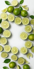 Poster - Green lime fruits on white. Top view flat lay