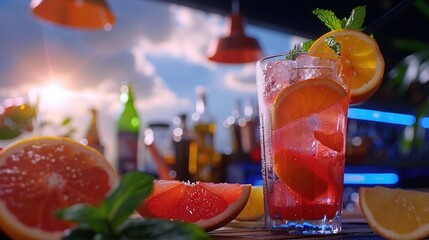 Wall Mural -   Close-up shot of a glass of watermelon and a lemon wedge on a wooden table, surrounded by colorful bottles and warm background lighting