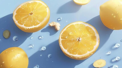 Wall Mural -   A group of lemons sits together on a blue surface with droplets of water on it