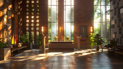 Wall Mural - a church lobby with a large window on the right