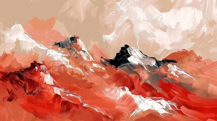 Wall Mural -   A stunning mountain range painted with vibrant hues of red, white, and black splatters adorns the canvas