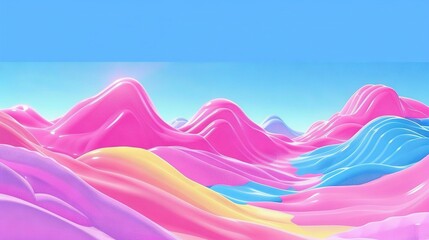 Wall Mural -  A vibrant painting of pink, blue, and yellow hills set against a striking blue sky in the background