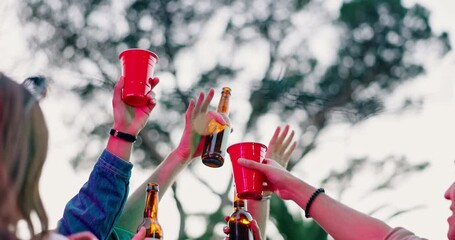 Sticker - Hands, toast and friends in outdoor party with drinks, beer or alcohol for reunion, event or youth culture. Fun, low angle and people in group celebration with cheers or cups for social gathering