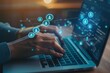 © MD Media - A person typing on their laptop with icons of people employees and social media platforms floating around. Modern Social Media Interaction. network mobile payments, online shopping concept background