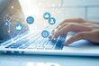 © MD Media - A person typing on their laptop with icons of people employees and social media platforms floating around. Modern Social Media Interaction. network mobile payments, online shopping concept background