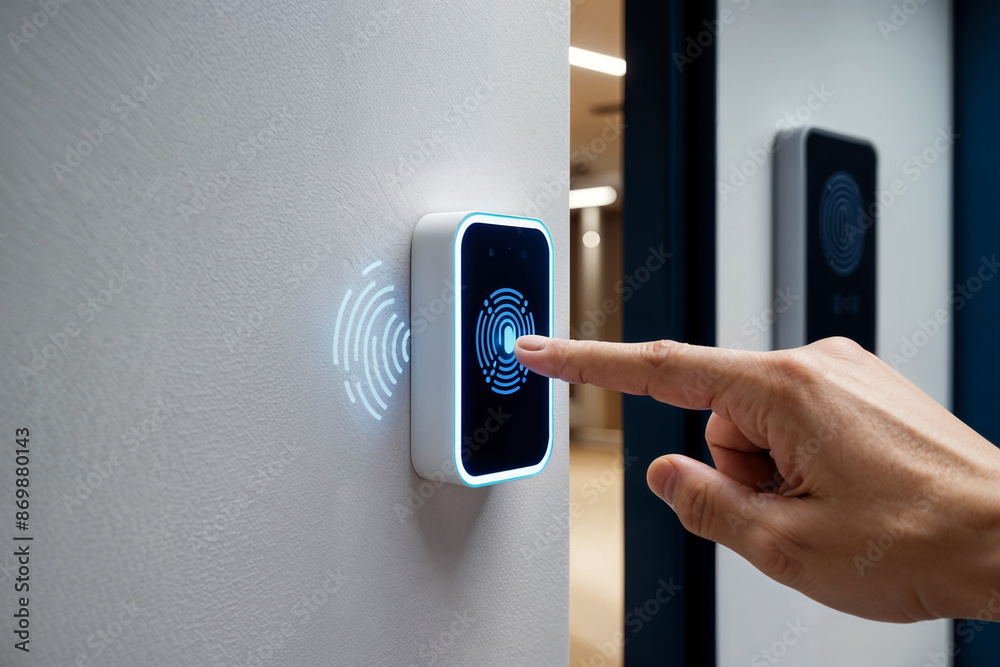 Hand using fingerprint scanner for secure access. Smart home technology ...