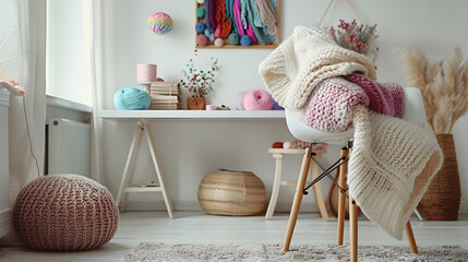 Sticker - real photo of a creative room interior with a desk, threads, knitting wool and graphic on a wall isolated on white background, detailed, png